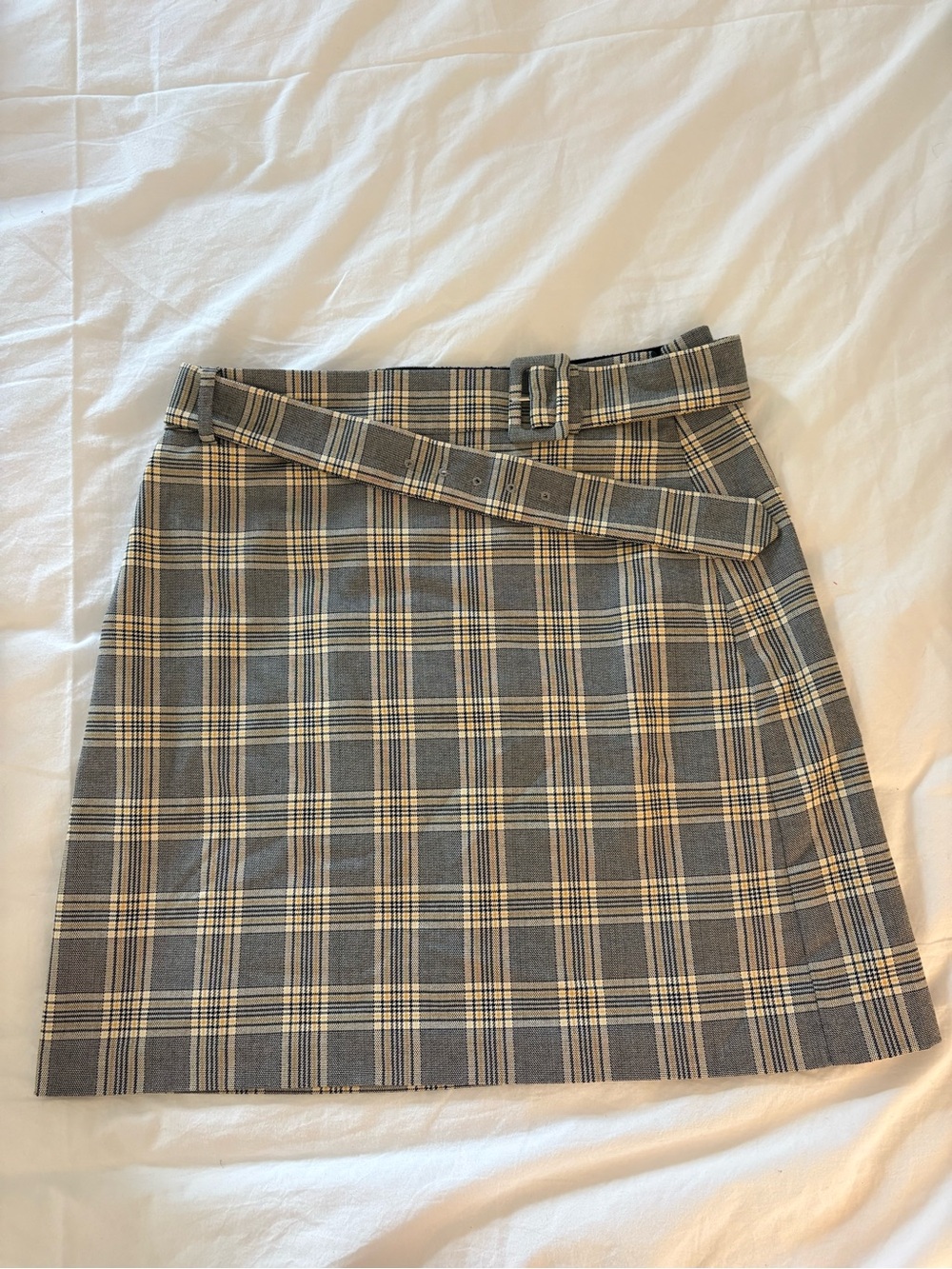 LOFT Black and Yellow Plaid Belted Mini Skirt
